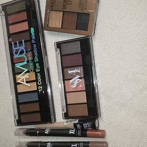 3 eyeshadow palettes, 2 eyeshadow sticks, 1 black liquid liner From Amuse, Aoa &